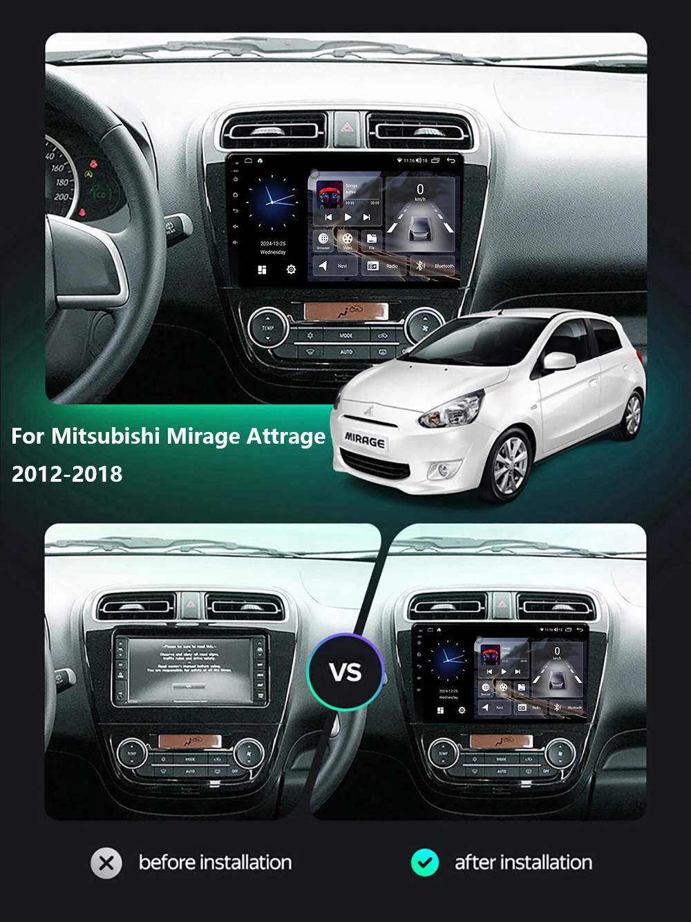 Car Radio Wireless Carplay Android Auto For Mitsubishi Mirage Attrage 2012 - 2018 Multimedia Player Stereo Navigation GPS