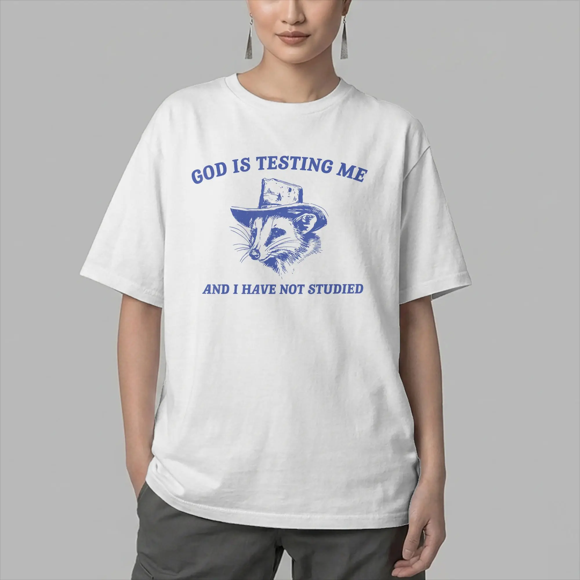 God Is Testing Me And I Have Not Studied Funny Possum T Shirt Men Pure Cotton Funny T-Shirts O Neck  Tees Short Sleeve