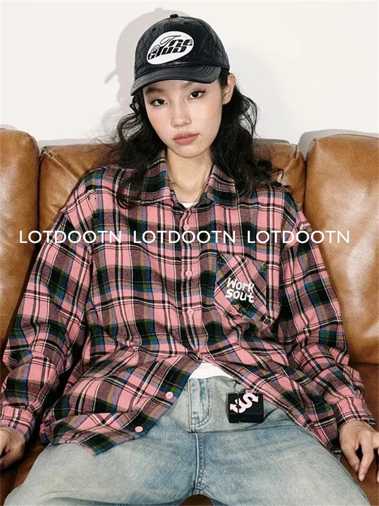 LOTDOOTN Women Vintage Long Sleeve Shirt Korean Oversized Plaid Shirt Autumn Winter Fashion Loose Lapel Pocket Shirt Embroidery