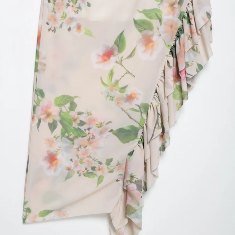 Vestido assimétrico com estampa decorativa em camadas e um pescoço, sem mangas, costas nuas, renda, novo vestido de moda feminina de verão