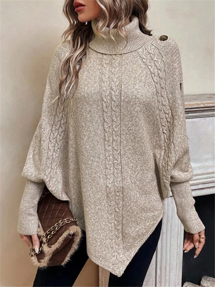 Turtle neck Twist Rope Buttoned Asymmetric Sweater Batwing Sleeve Knit Top