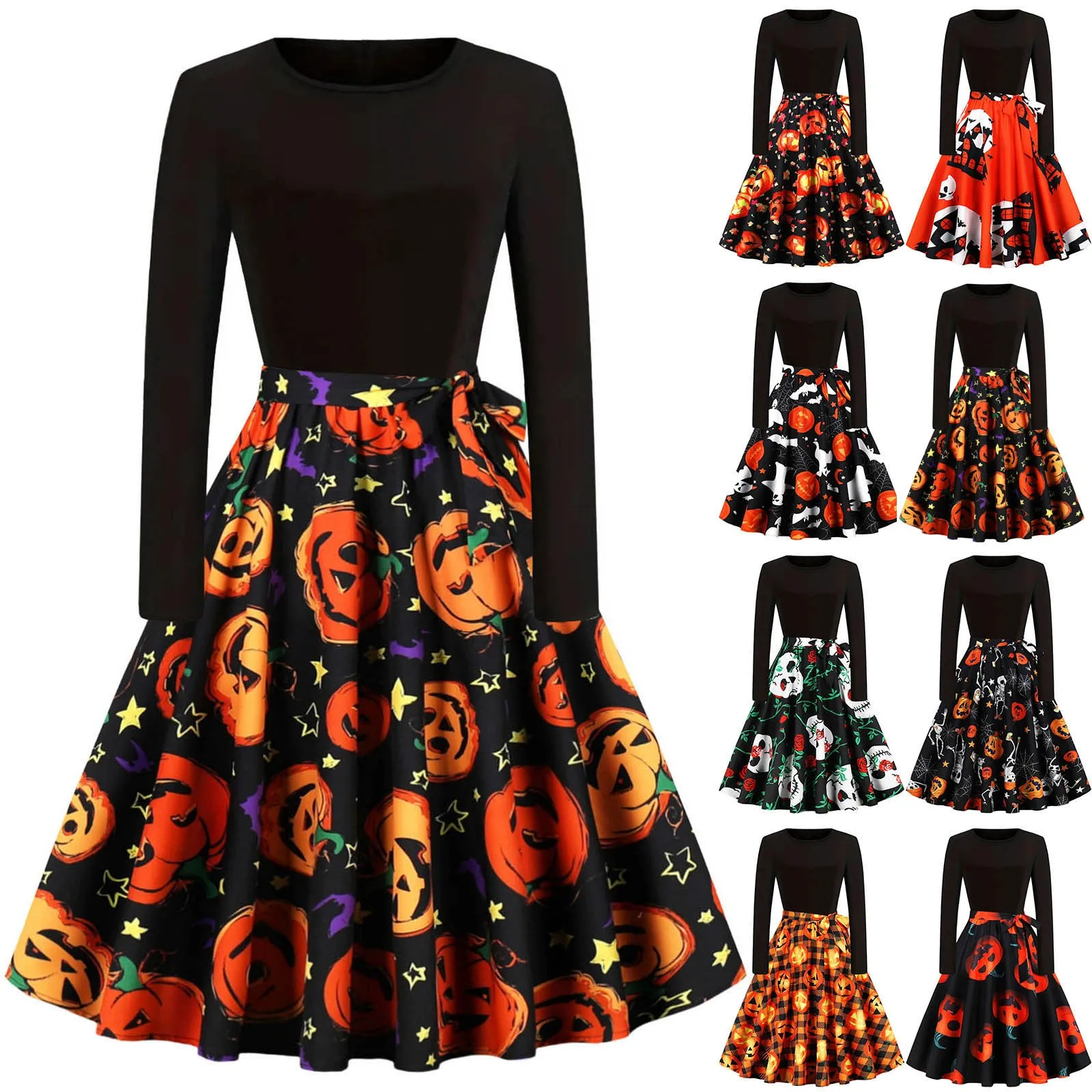 

New Women Halloween Goth Cosplay Costumes Retro Party Long Sleeve Funny Print 2024 Autumn Vintage Rockabilly Cosplay Dresses