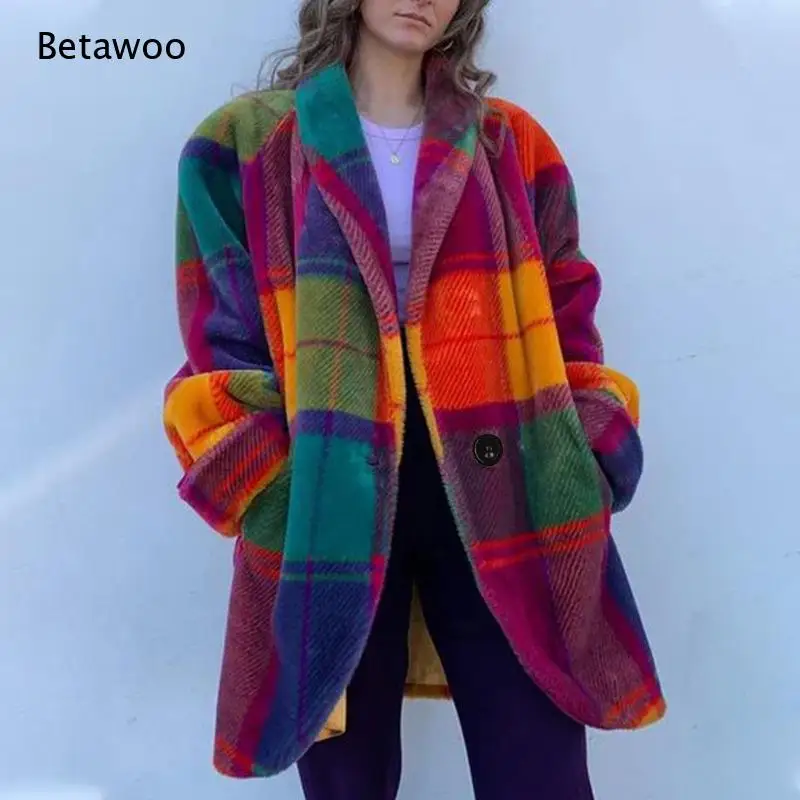 Damen Oversize Blazer mit buntem Karomuster, Revers, Einzelknopf, Taschen, lockerer Freizeit-Wollmantel für den Alltag