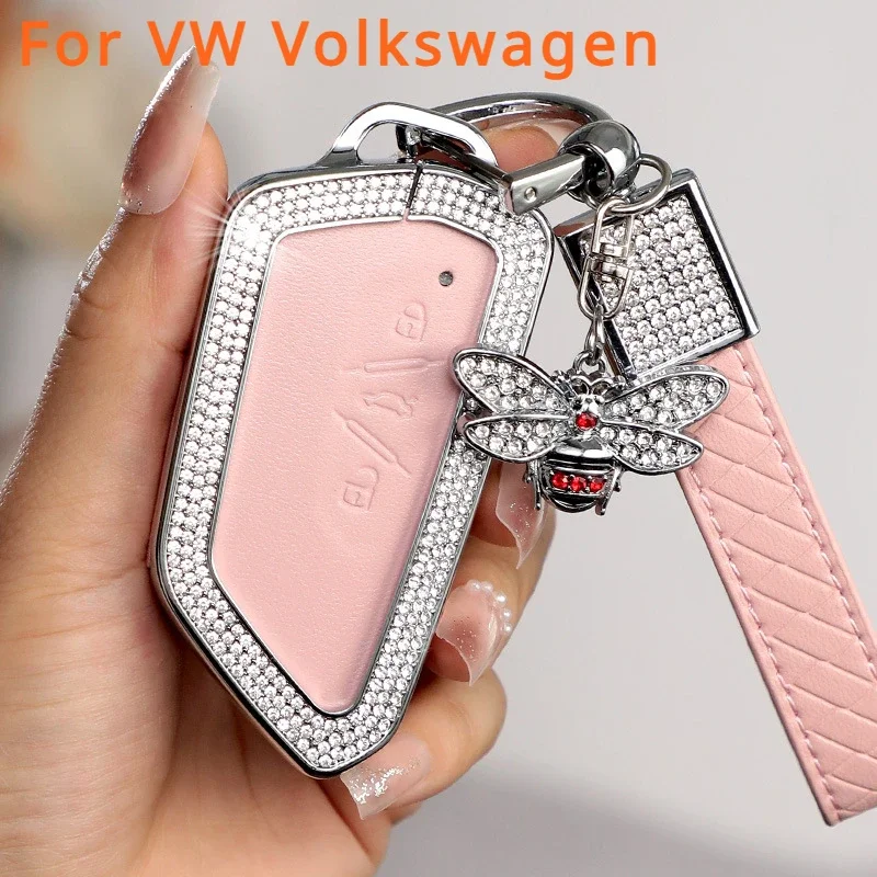 

Alloy+Diamond+Leather Car Key FOB Case Cover for VW Volkswagen Golf 8 Mk8 New Skoda Octvia 3Buttons Key FOB 2020 2021 Keychain