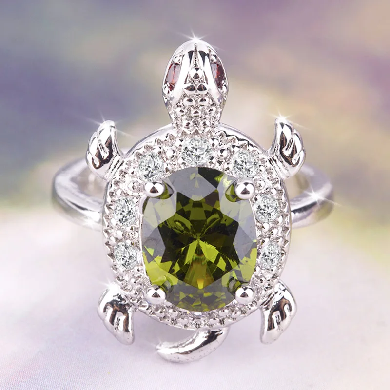 Cute animal turtle emerald  FOlive Green Turtle Ring Retro 925 Silver Crystal Zircon Stone Rings For Women Girl party jewelry