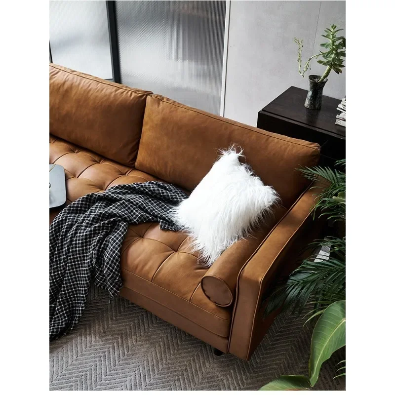 

Retro oil wax all-leather sofa first layer cowhide simple small apartment straight row three-person sofa