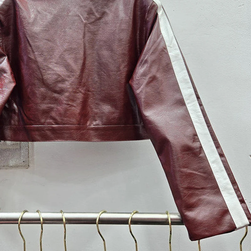 Vintage Contrast Color Short Faux Pu Leather Jacket Wine Red Black Biker Jacket Autumn Women Stand Collar Long Sleeve Streetwear