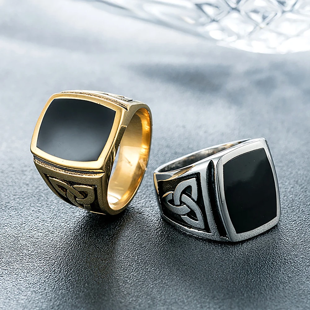 Fashion Vintage Black Stone Square Ring For Men Stainless Steel Nordic Viking Celtics Knot Rings Amulet Jewelry Gifts Wholesale