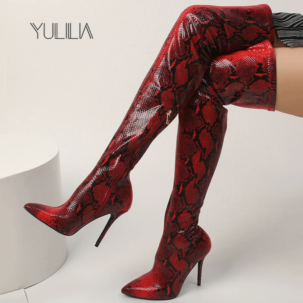 YULILIA العصرية مثير امرأة المرأة الأصلي جلد الثعبان عالية الكعب فوق الركبة الأحذية الفخذ أحذية عالية أحذية سيدة ملهى ليلي فتاة #3