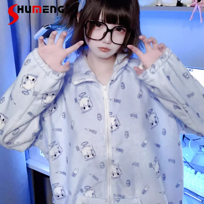 

Cute Pajama Set for Women Japanese Style Stand Collar Zipper Soft Homewear Suits Female Subculture Sweet Cartoon Loungewear