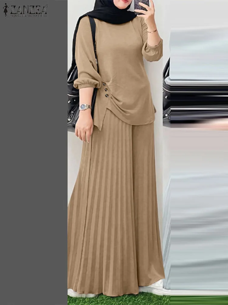 ZANZEA 2025 Spring Pleated Wide Leg Pant 2pcs Outfits Stylish Muslim Islamic Women Casual Pant Sets Long Sleeve Tops Loose Suits