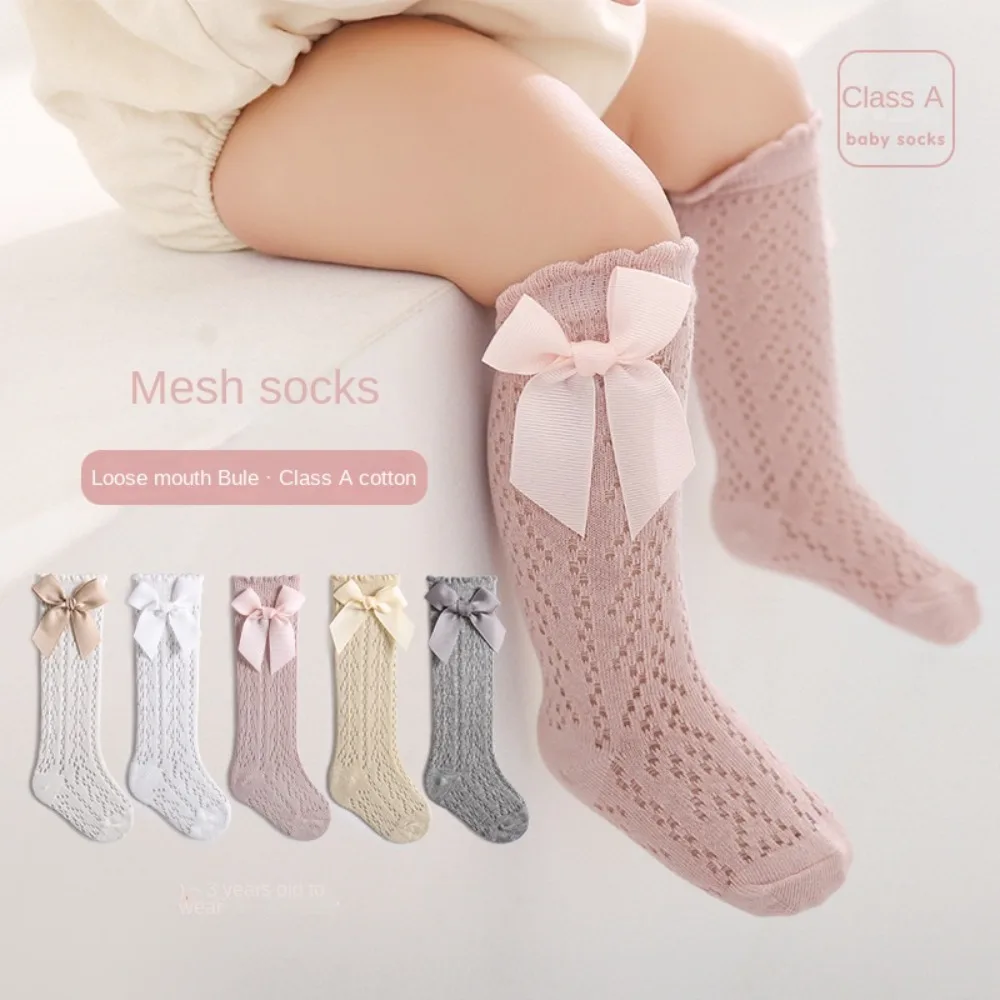 Soft Cotton Baby Knee High Socks Mesh Breathable Bow Long Sock Elastic Hollow Out Socken for 0-3 Years Old