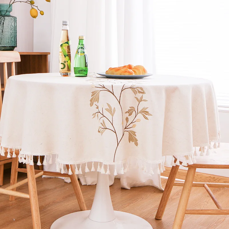 مفرش طاولة مستدير مطرز، غطاء طاولة مقاوم للغبار على شكل زهرة من الكتان القطني، لغرفة الطعام في المطبخ، والحفلات، وديكور سطح الطاولة لأعياد الميلاد #3