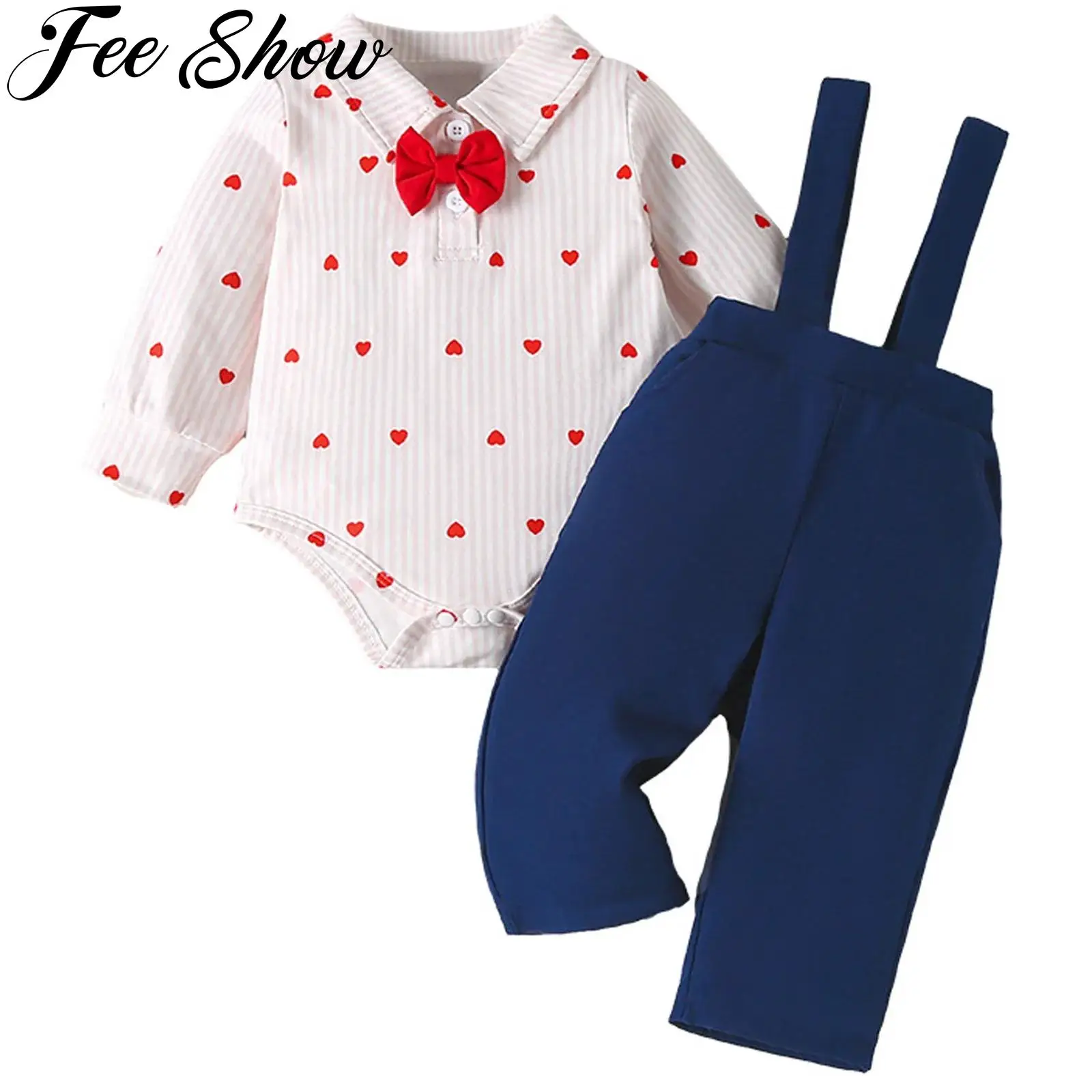 

Toddler Baby Boys Wedding Birthday Party Gentleman Outfit Long Sleeve Heart Striped Bowtie Shirt Romper with Suspender Pants Set