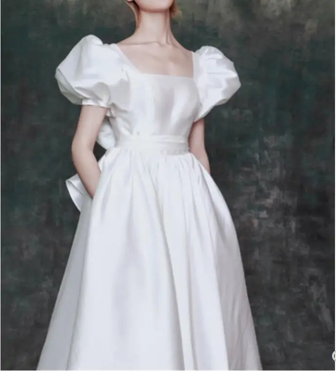 

Spring Summer Party Puff Sleeve Dress women square collar Long vintage ball gown dress