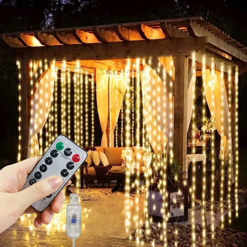 Lampu tirai karangan bunga LED, 3M/4M/6M 8 mode USB Remote Control tali lampu peri untuk dekorasi Natal rumah pernikahan liburan