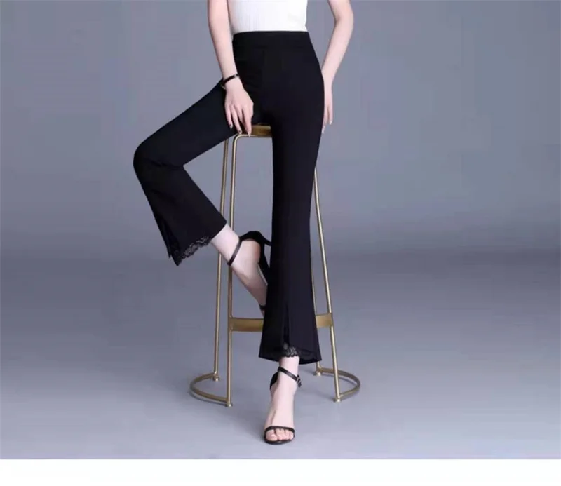 New Office Lady Lace Patchwork White Elastic Waist Casual Pants Summer Solid Women's Versatile Micro Flared Pants Women Clothing