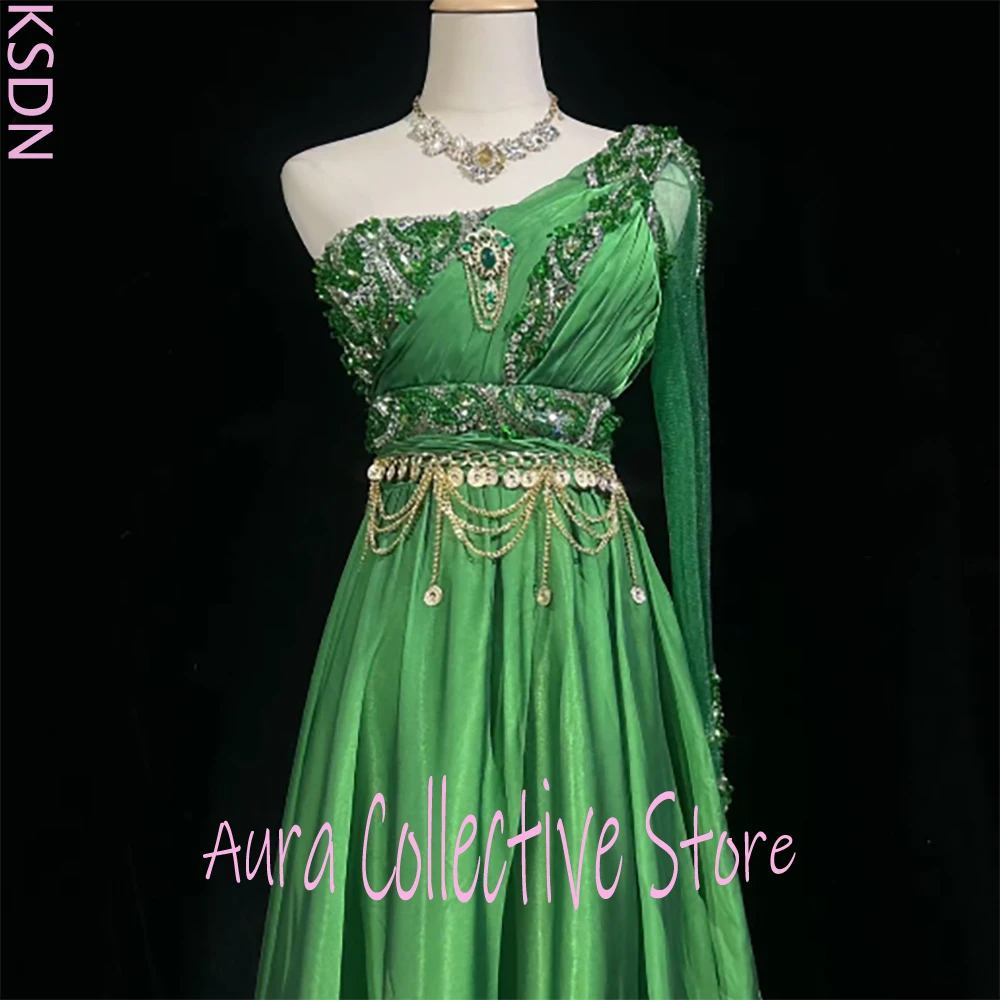 فساتين سهرة نسائية أنيقة باللون الأخضر بكتف واحد مع زخارف مطرزة بالترتر بطول الأرض فستان رسمي فاخر للحفلات #3