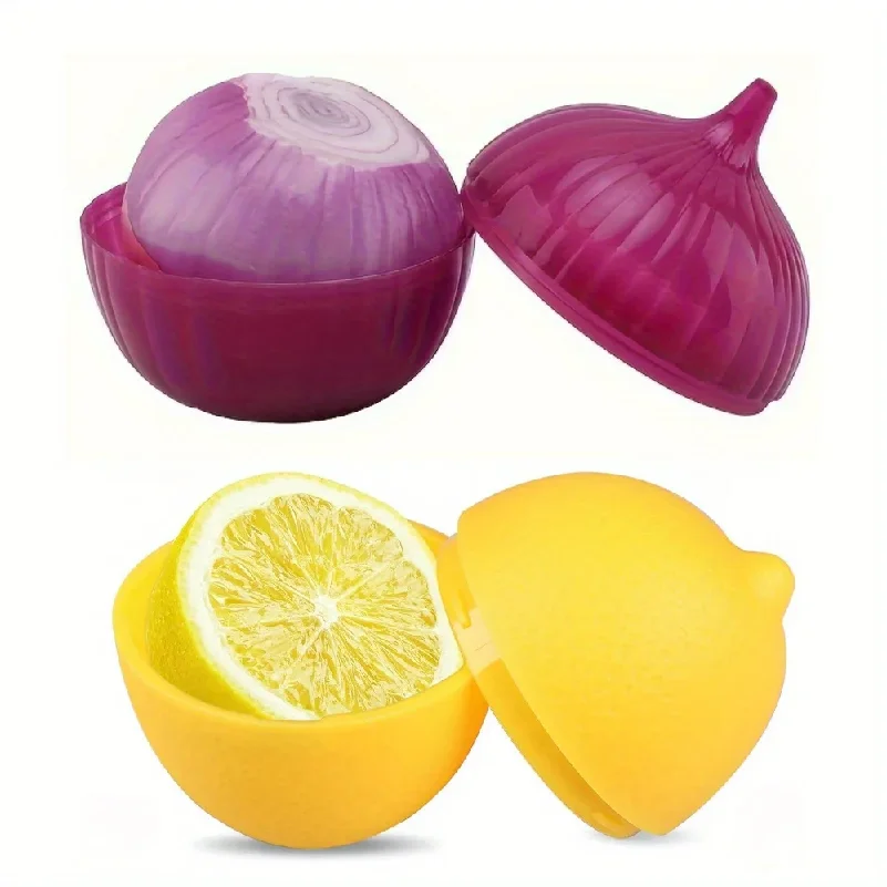 

Lemon & Onion Shaped Food Savers, Reusable Plastic Fresh Storage Containers with Flip Top Lid, Freezer Safe Kitchen Organizer