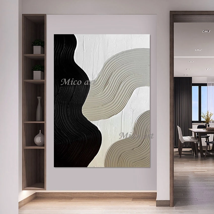 

New Arrival Wall Painting Abstract Thick Acrylic Decor Unframed Picture Black White Textured Canvas Art Modern Drawing Gift