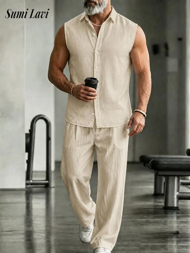 Fashionable Sleeveless Vest Shirt And Pants Sets Men 2026 Summer Leisure Solid Color Linen Two Piece Suits Mens Vintage Outfits