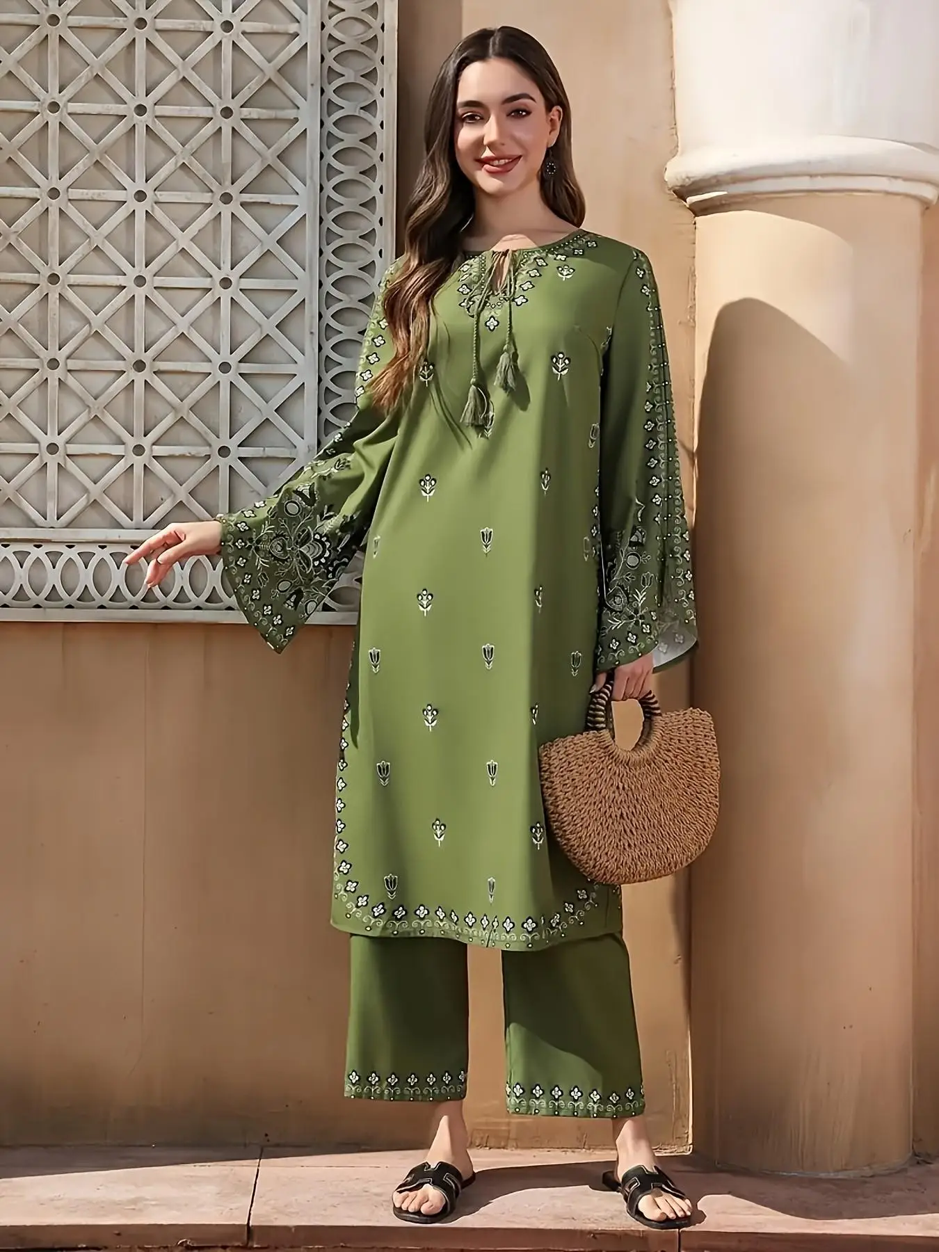 2pcs Boho Chic Ethnic Print Salwar Suit Lightweight Non-See-Through Ramadan Fashion with Flared Cuffs & Hem for Outdoor Events