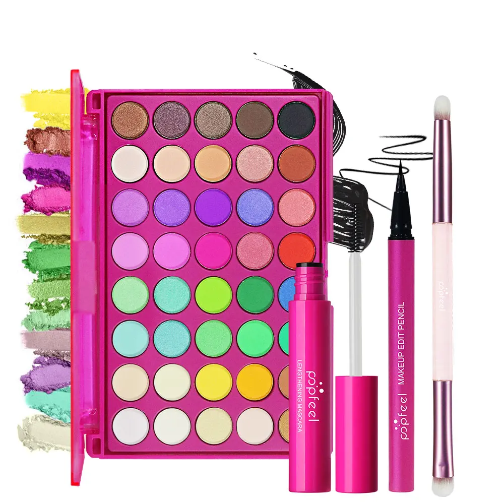 POPFEEL – ensemble de palettes de fards à paupières 40 couleurs, avec pinceau, comprend une fard à paupières, une mascara, un eye-liner et un pinceau à double extrémité, mat et scintillant
