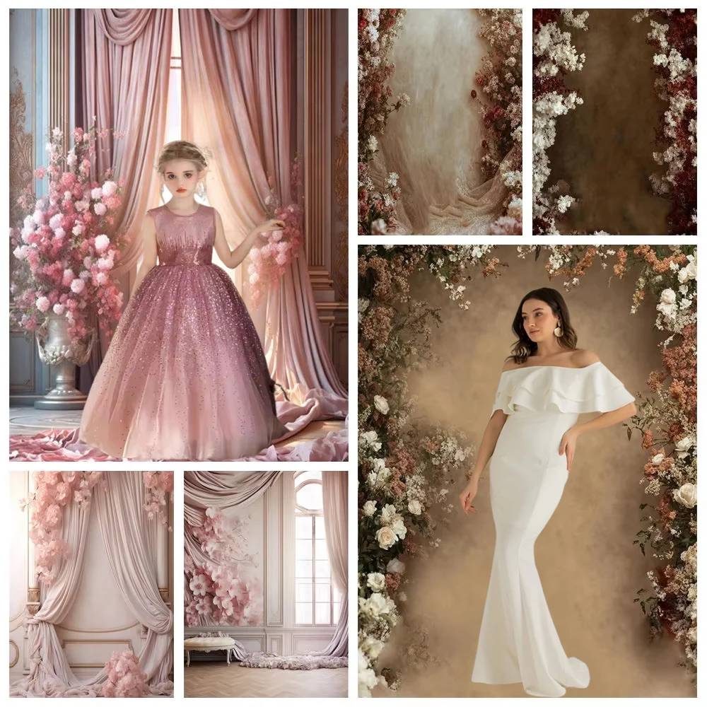 

Wedding Backdrop for Photography Pink Flower Palace Curtain Oil Painting Floral Bridal Shower Pregnant Portrait Photo Background