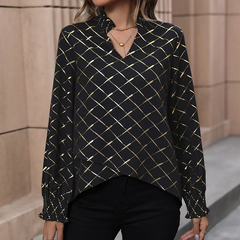 Elegant And Fashionable Long Sleeved Women's Blouse With Black V-neck Pullover Gold Thread Decoration Autumn New Collection 2024