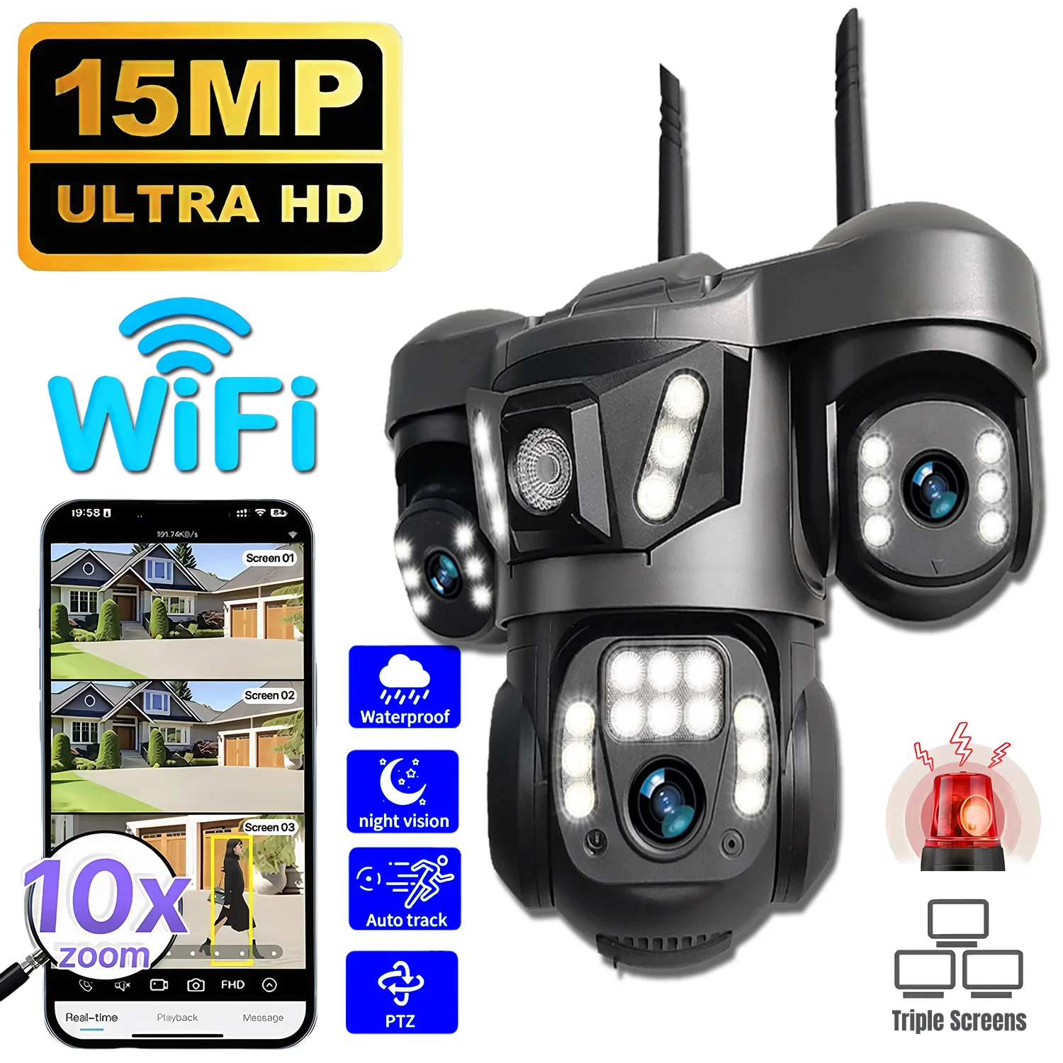 15MP ثلاثة عدسة واي فاي كاميرا IP في الهواء الطلق AI كشف الإنسان شاشة فيديو IP66 مقاوم للماء ثلاثة شاشة كاميرات المراقبة المنزلية