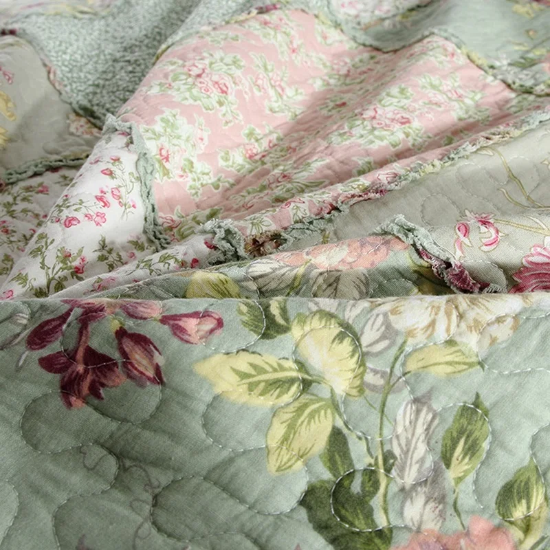 Green Floral Print Cotton Quilt, Bedspread on the Bed, Applique Duvet, Pillowcase, Blanket Coverlet, Plaid, Cubrecam Bed Cover