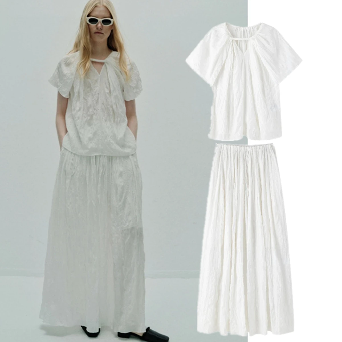 

Maxdutti French Countryside Romantic Texture White Shirt Pleated Skirt Set For Vacation And Leisure Women's Matching Sets 2026