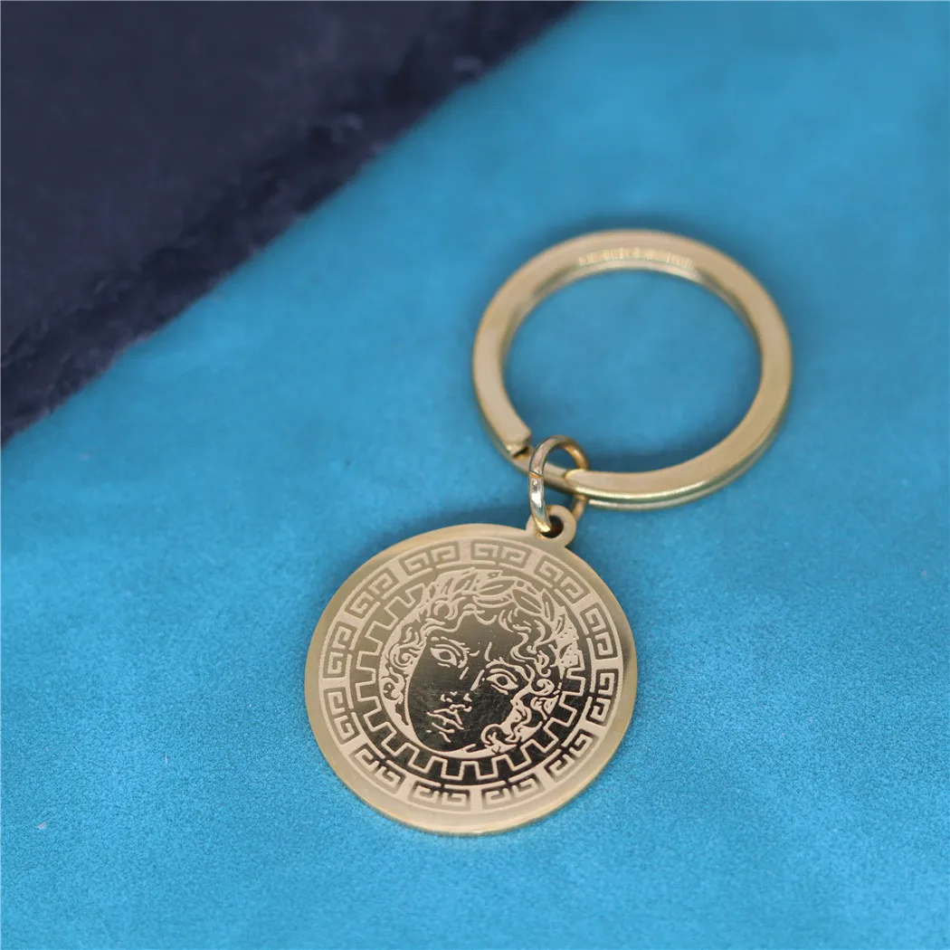 Nedar Vintage Apollo the God of Sun Amulet Pendant Key Chain Fashion Round Stainless Steel Jewelry Slavic Viking Keyring Gift