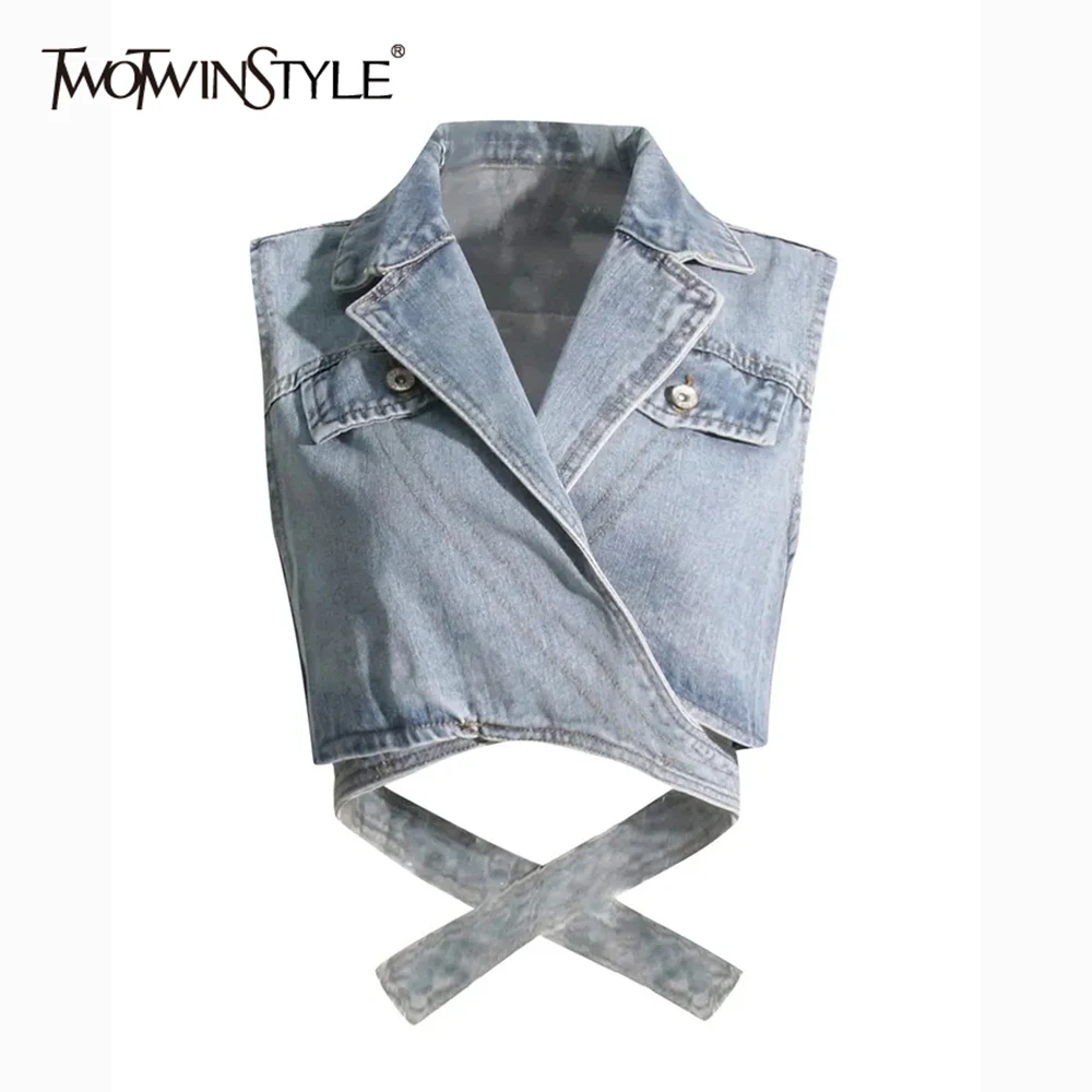 

TWOTWINSTYLE Hollow Out Minimalist Tank Tops For Women Lapel Sleeveless Irregular Hem Denim Summer Crisscross Vest Female 2023