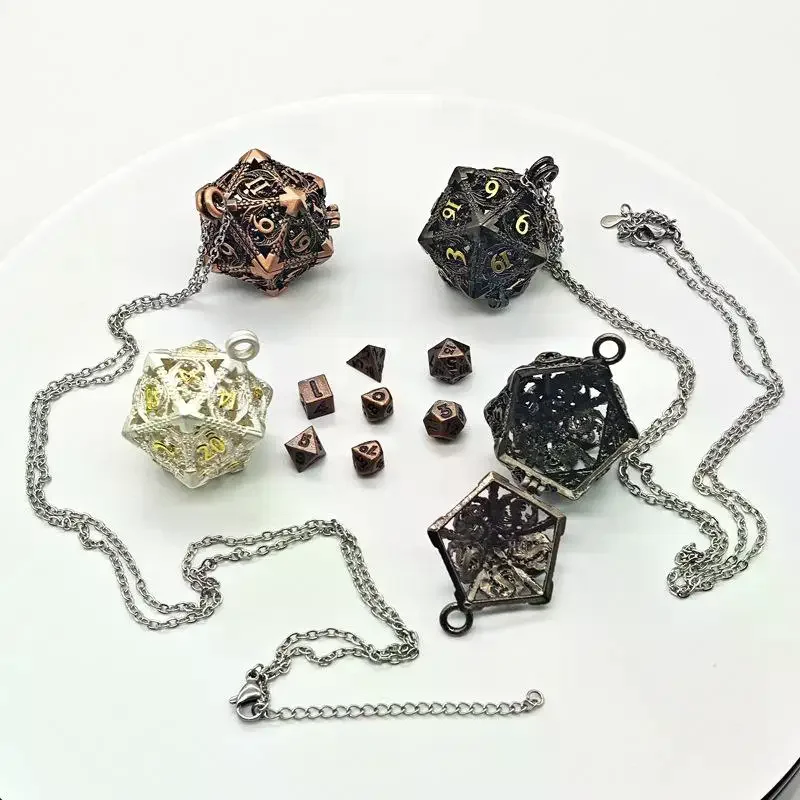 1 Set 20-sided Hollow Metal Dice Necklace DND Hollow Metal Dice Torque Mini Exquisite Polyhedral Dice Necklace