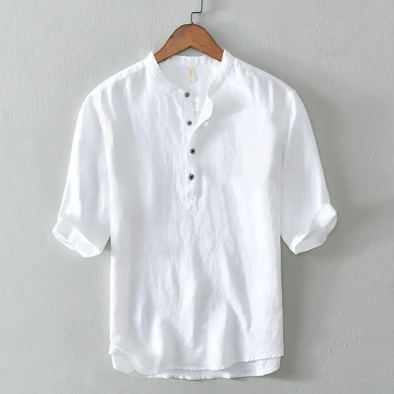 

Cotton Linen Short Sleeve T-Shirt Overhead Casual Loose Men's Shirt Artistic Style Summer Leisure Stand Collar Shirt