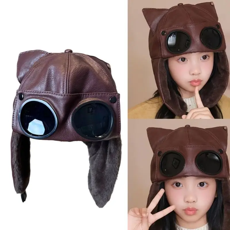 31BB Plush-Lined Cap with Fixed Decorative Eyewear, Faux-Leather Outer Shell and Extended Ear Coverage for Winter