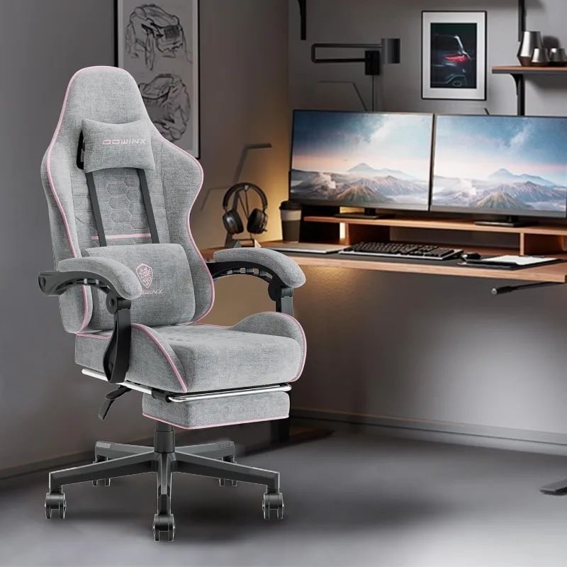 Fabric Gaming Chair, Massage Gaming Chair Fabric with Headrest, Ergonomic Computer Chair with Footrest