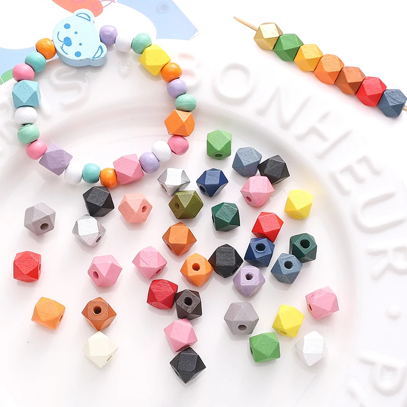 10Pcs Multi Color Wood Spacer Beads 10mm Wooden Octagonal Cube Geometric Faceted Beads For Jewelry Making DIY Bracelet Materials