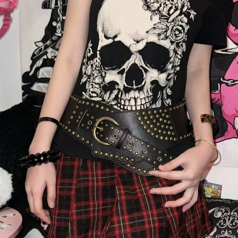 Y2K Rivet Ring Belt Vintage Punk Style Crop Belts Women Fashion Hollow Out Decorative Concave-shaped Belt Streetwear