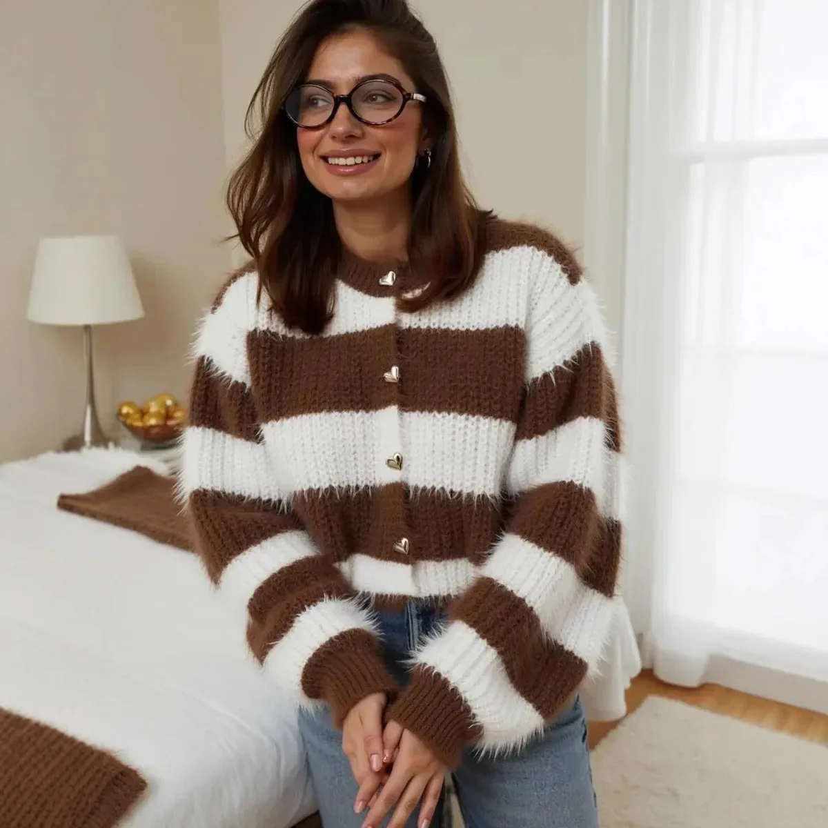 

2025 New Fashion Printed Knitted Cardigan Women Autumn Casual Loose Striped Round Neck Long Sleeve Jacket For Women