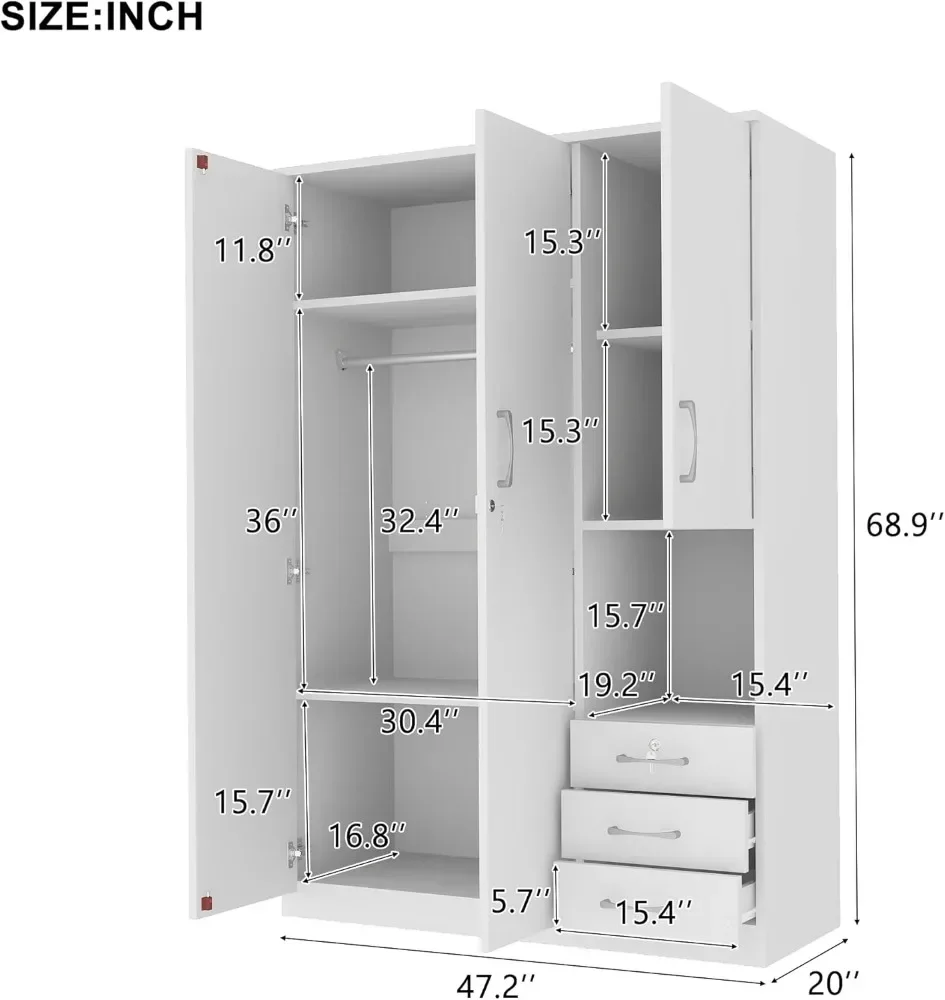 Modern 3-Door Wooden Wardrobe Armoire, Closet Organizer with Shelves, Drawers, and Hanging Rod, Stylish Storage Solution