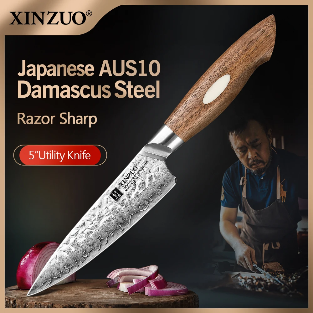 

Newwst XINZUO 5" inch Utility Knife Japanese AUS10 Damascus Kitchen Knife Paring Knives Kitchen Tool with Beautiful Wood Handle