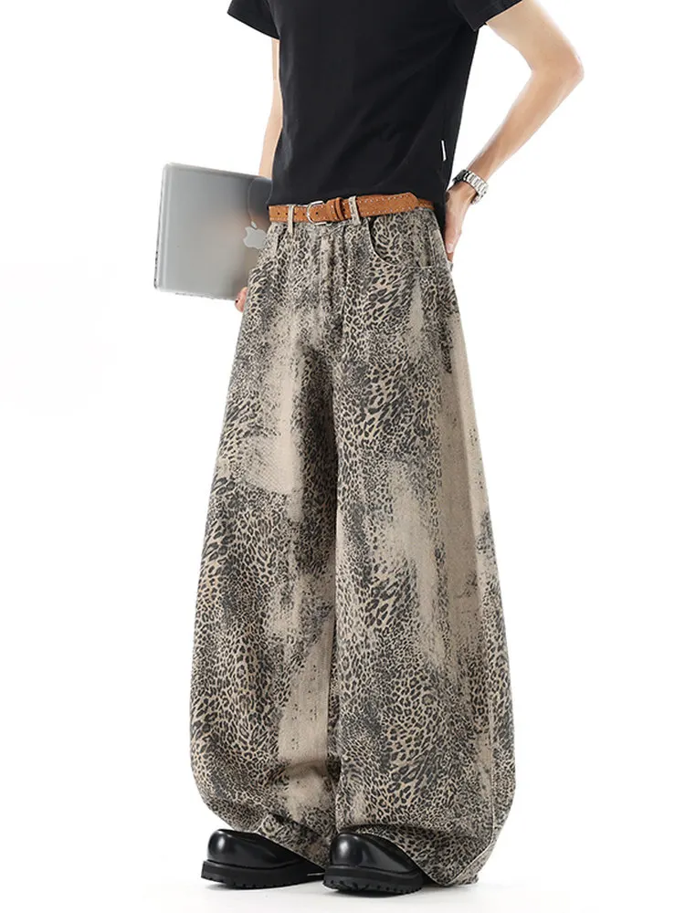 High Waist Leopard Print Denim Color-block Long Wide Leg Jeans New Women Trousers Fashion Tide Autumn And Winter