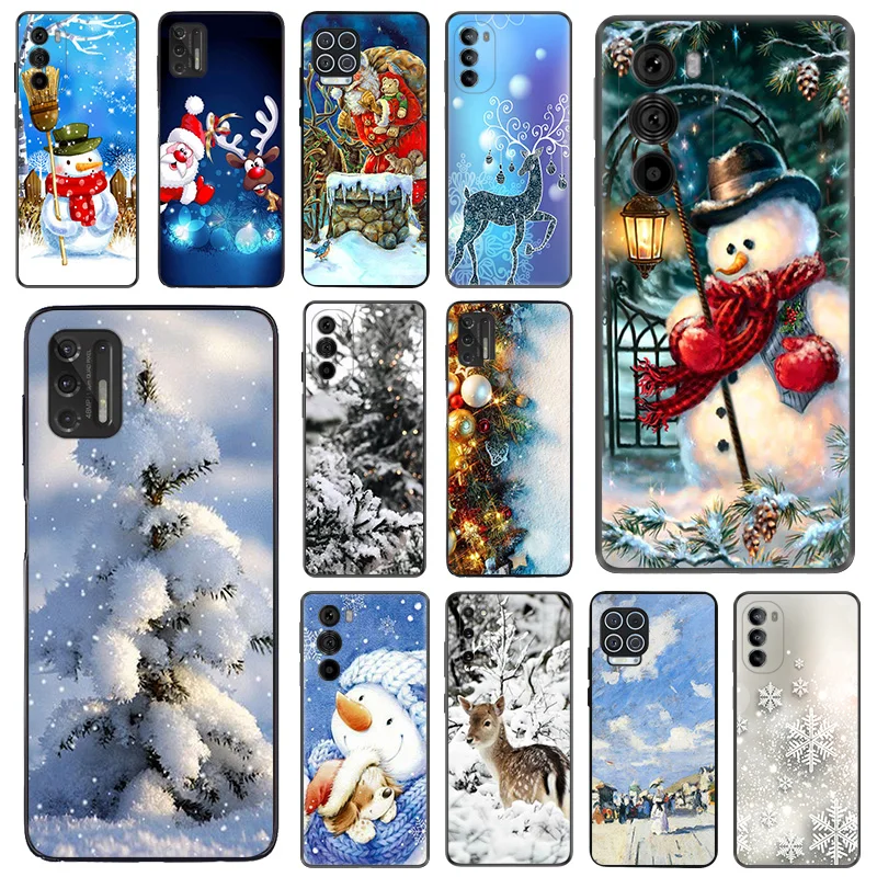 Black Matte Phone Case for Motorola Moto G50 G73 G53 G72 G52 G30 G31 G60 G71 G22 G9 G60S Christmas ICE Snowman Deer Soft Cover