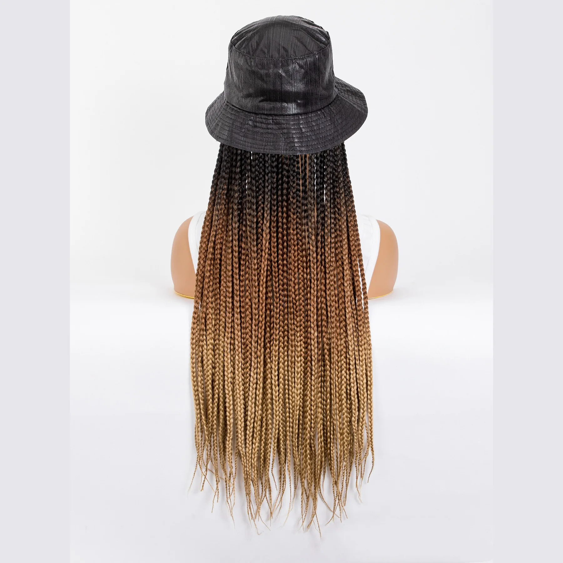 WIGERA Long 24“ Ombre Black Light Brown Box Braided Synthetic With Cap Braiding Braids With Hair Extensions With Bucket Hat Wigs