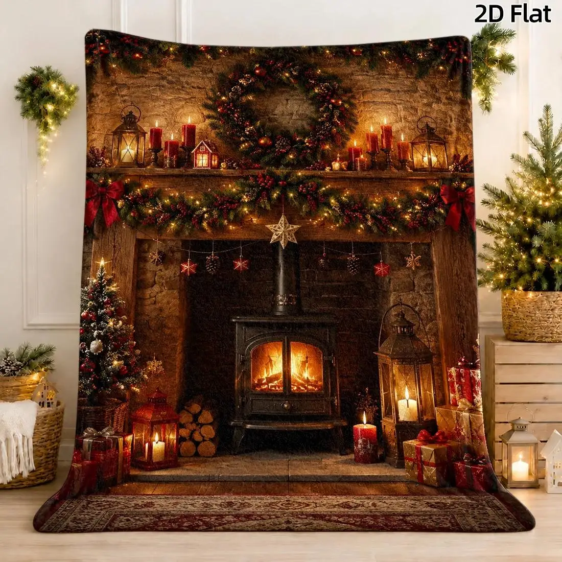 1pc 2D Flat Throw Blanket, Christmas Wreath Red Ribbon & Farmhouse Fireplace, Crimson Gold Stars Decor Blanket