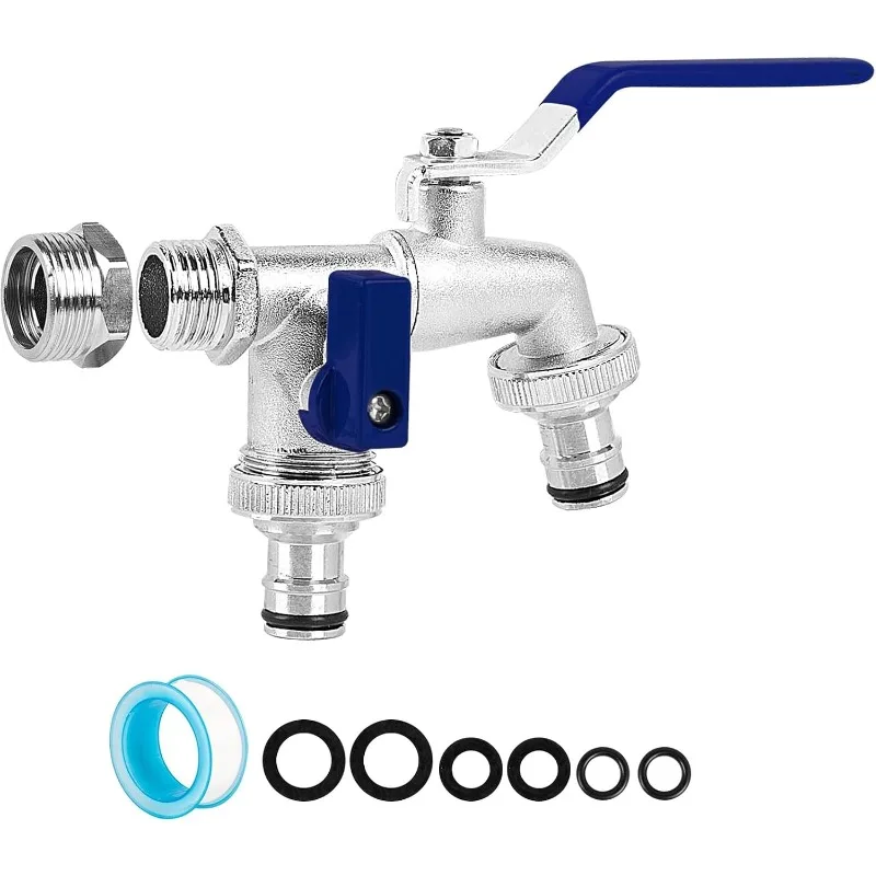 Brass Double Garden Tap Universal 1/2 Inch Dual Outlet, Frost Resistant Outdoor Water Tap with 2 Hose Connector for Patio & Lawn