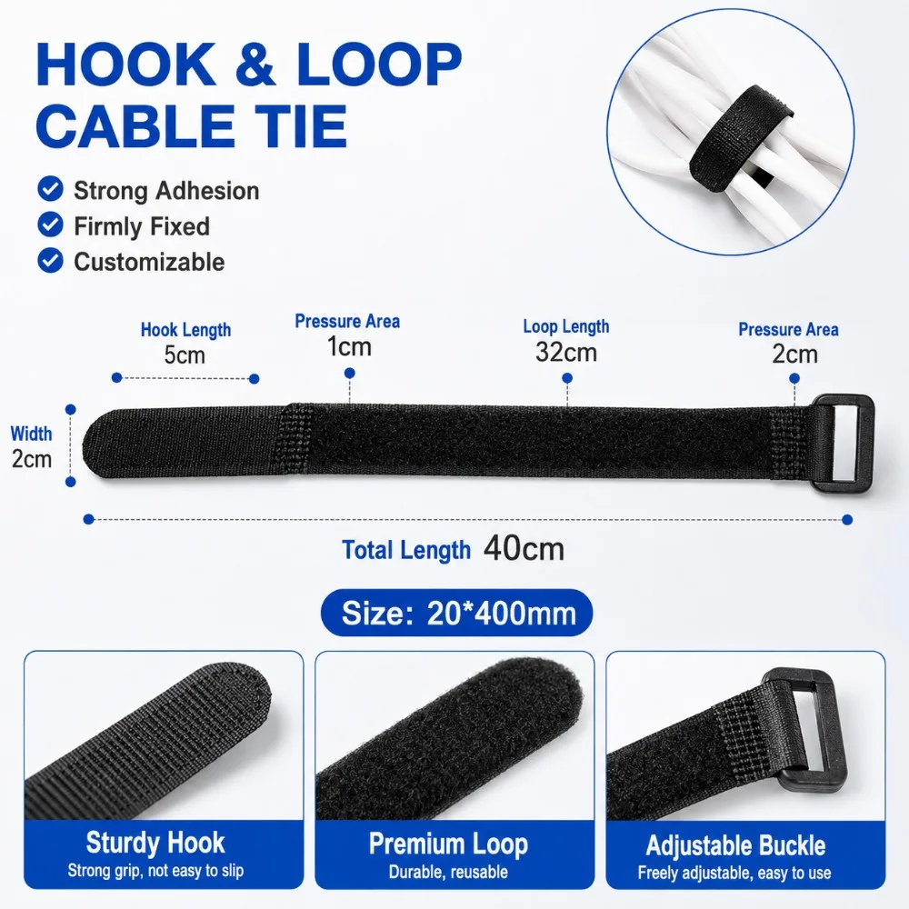 Reusable Hook and Loop Cable Ties with Adjustable Buckle, Heavy Duty Nylon Cord Straps for Wire Organizer, Home, Office, Car Use