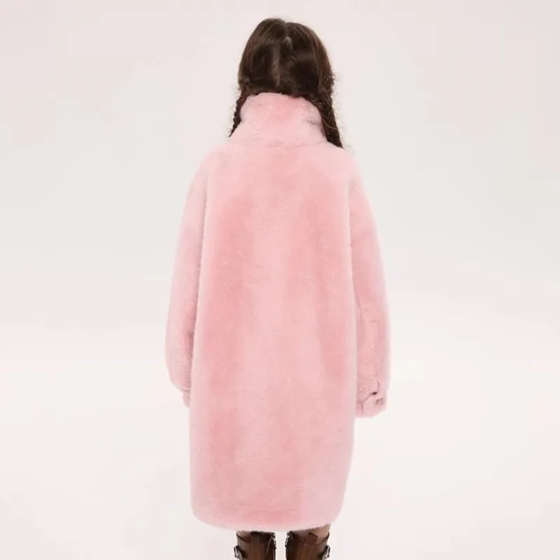 2024 Winter New Children's Faux Fur Coat Fashion Fashionable Horn Buckle Design Imitation Mink Fur Warm Girl's Coat A4286